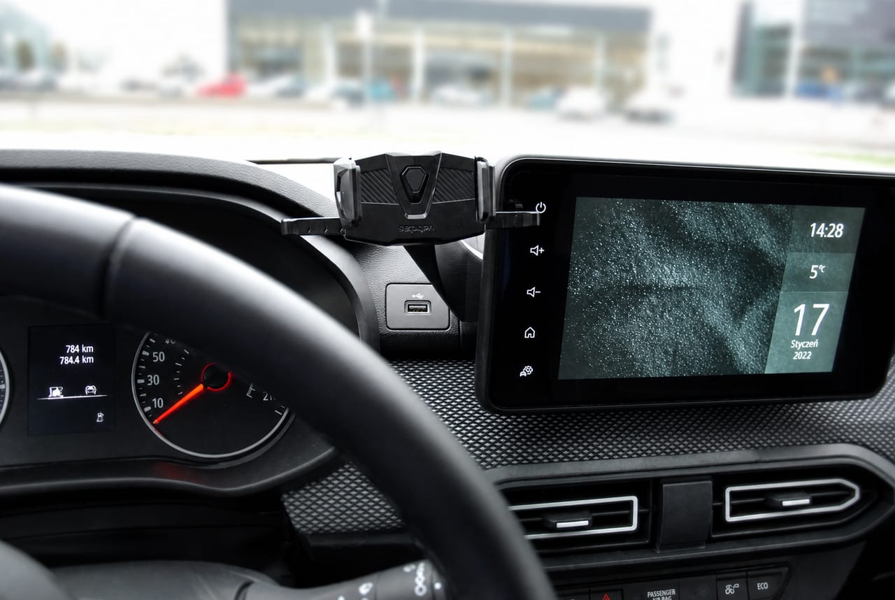 Uchwyt CraVeDRIVE wsunięty w fabryczne zaczepy obok ekranu Media Nav Evolution w Dacii Jogger